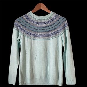 NWT Talbots Women’s FAIR ISLE CREWNECK SWEATER Lambswool Blend Soft Blue Size P